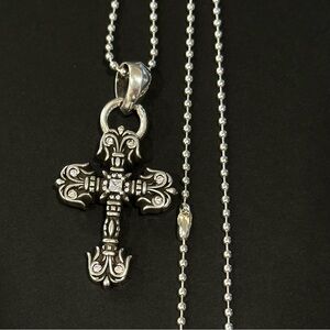 Chrome Hearts Silver XS Filigree Cross Zircon Pendant & 23.5 Inch Ball Chain